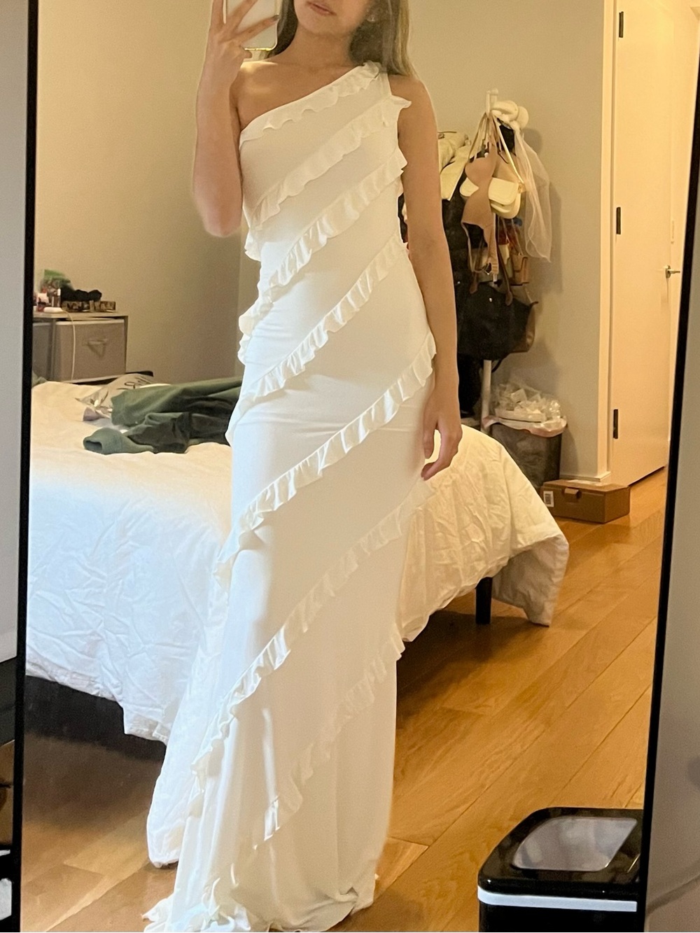 White One Shoulder Ruffle Maxi Dress - Picture 2 of 3